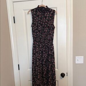 Sleeveless Black Floral Hi low Dress with Pink Accents